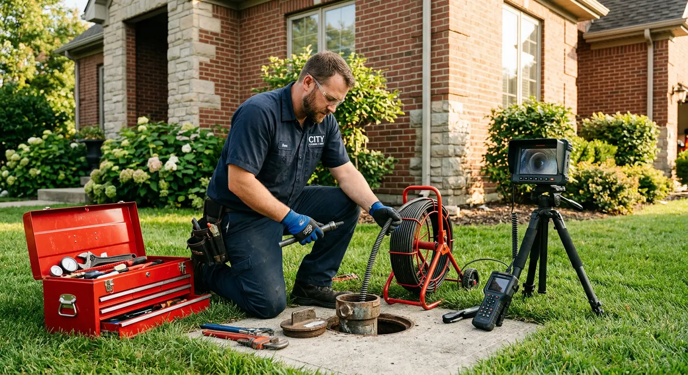 Sewer specialist with camera equipment servicing a cleanout in Clinton